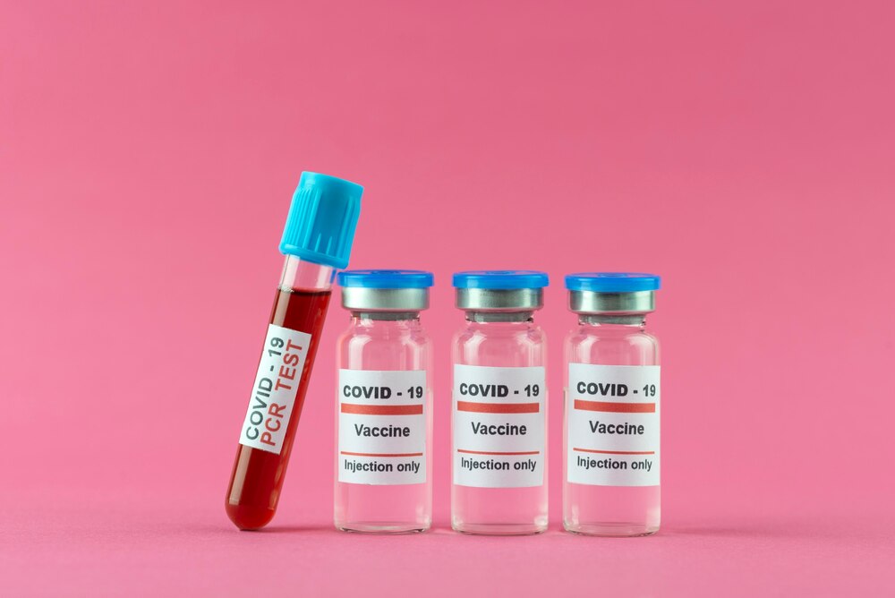 Covid19 test and vaccine vials arrangement